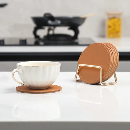 6 Leather Coasters with Metal Holder and Cork Base