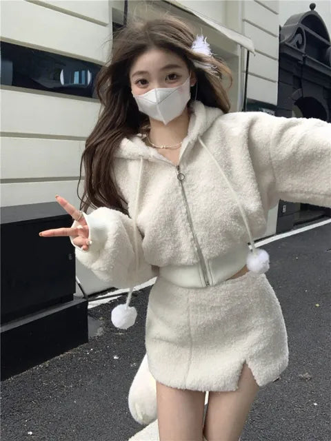 Hooded Long Sleeve Top and High-Waisted Skirt Set