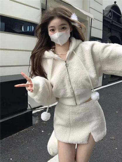 Hooded Long Sleeve Top and High-Waisted Skirt Set