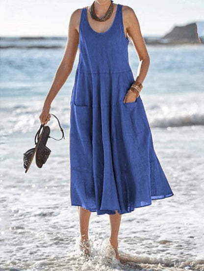 Sleeveless Long U-neck Pocket Dress in Cotton Linen
