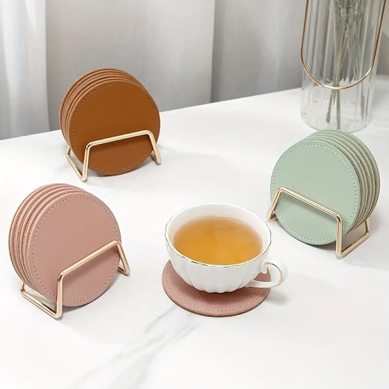6 Leather Coasters with Metal Holder and Cork Base