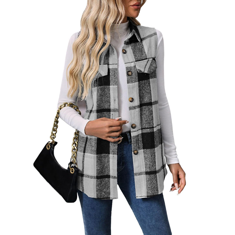 Fall Vest Trendy Jacket Long Vest Lapel Cardigan Vest Tops for Women Sleeveless 2024 Vest Womens Plaid Vest（2-GraySmall
