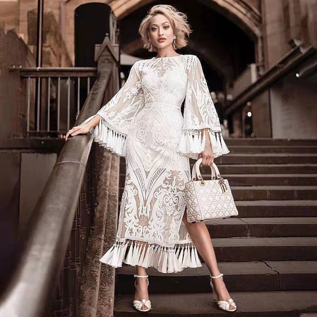 Embroidered Women's Dress with Tassel Lace Details