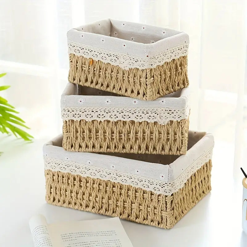Woven Storage Baskets Set of 3 with Cloth Cover