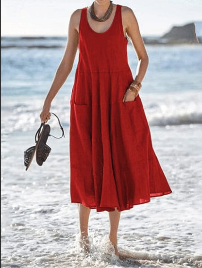 Sleeveless Long U-neck Pocket Dress in Cotton Linen