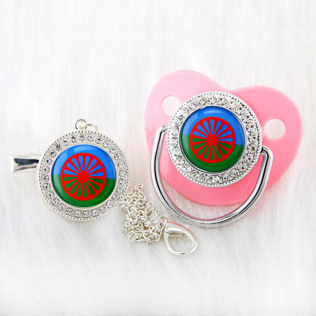 Newborn Pacifier with Silver Chain and Roma Flag Theme