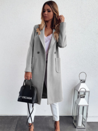 Women's Wool Coat with Double Pockets and Suit Collar