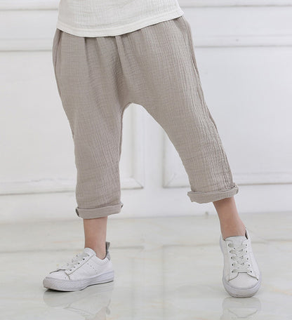 Summer Solid Color Linen Pleated Harem Pants for Kids