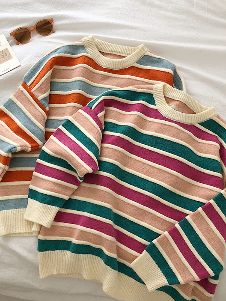 Korean Knit Striped Loose Women's Splice Sweater