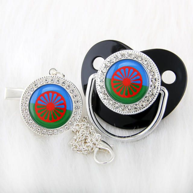 Newborn Pacifier with Silver Chain and Roma Flag Theme