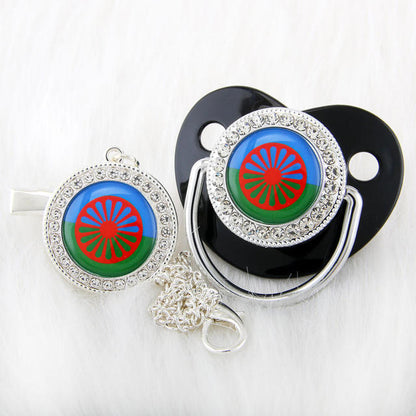 Newborn Pacifier with Silver Chain and Roma Flag Theme