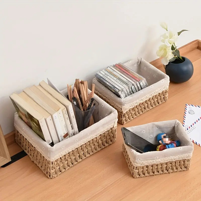 Woven Storage Baskets Set of 3 with Cloth Cover