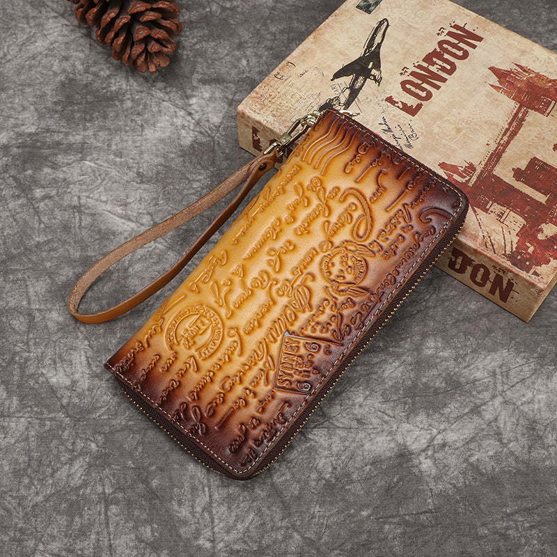 Vintage Cowhide Embossed Clutch Wallet for Women