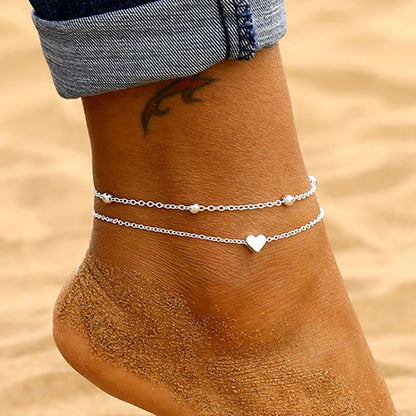 Double Layer Heart Anklet for Beach Vacation Style