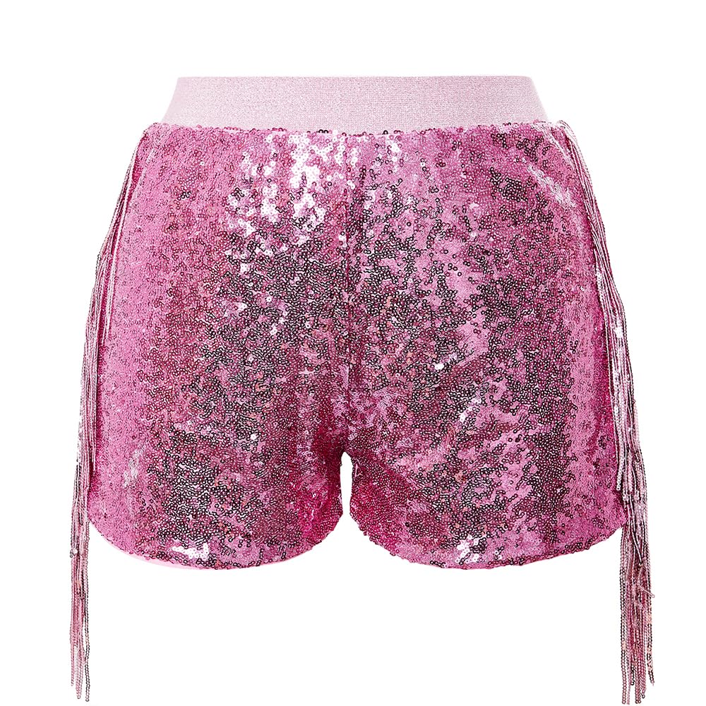CHENBAO Women Shorts Tessel Trendy Sequin Sparkle Short Pants Ladies Birthday Party Shorts Summer Junior Dance Halloween Christmas Clothes Pink L