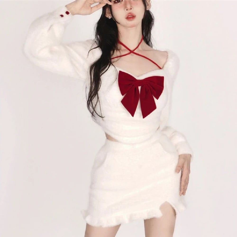 White Bow Top and Half Skirt Set for Women