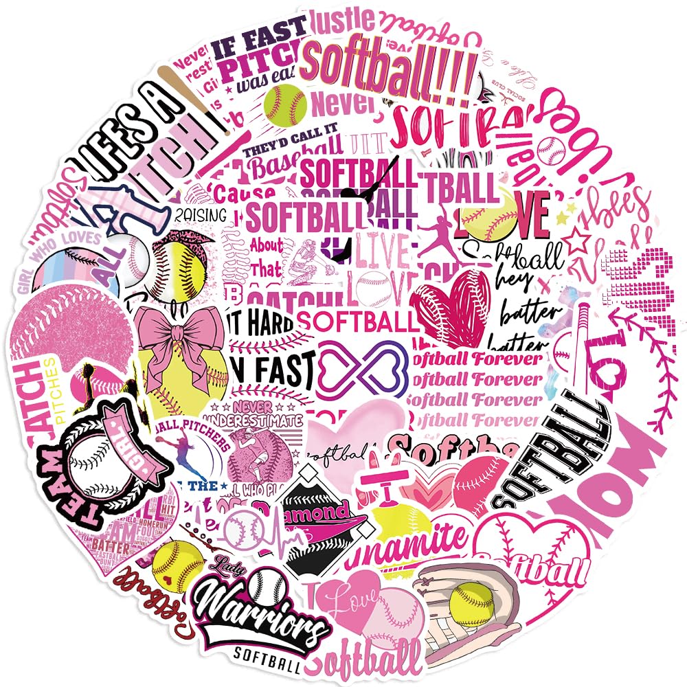 50PCS Pink Softball Stickers Sports Themed Party Stickers Softball Accessories Softball Gifts for Girls Vinyl Sticker Laptop Skateboard