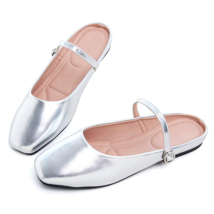 Hee grand Mules for Women Mary Jane Shoes Retro Square Toe Strap Backless Flat Mules Comfortable Flat SlippersSilver 8.5