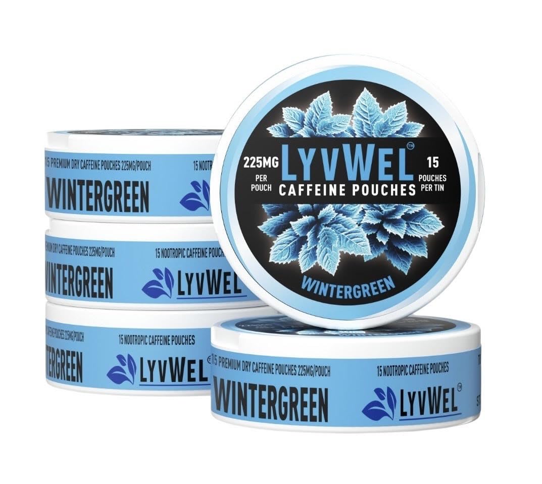 LyvWel 225mg Caffeine Energy Pouches | Nootropic Focus & Neuro Support | Tobacco-Free Nicotine-Free Quick Energy Solution | 5-Pack: 60 Pouches (5 Pack Wintergreen)