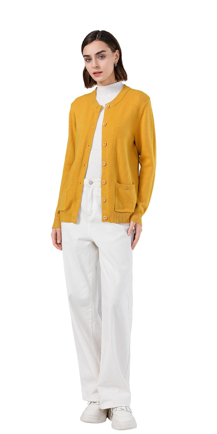 SMILING PINKER Women Cardigan Sweater Button Down Crew Neck Ribbed Knit Sweater with Pockets (MustardMedium)