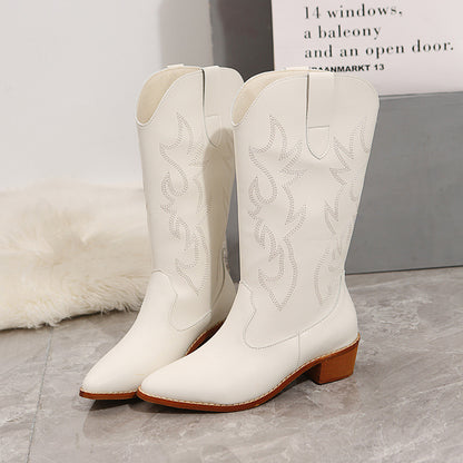 Embroidered White Cowboy Ankle Boots for Women