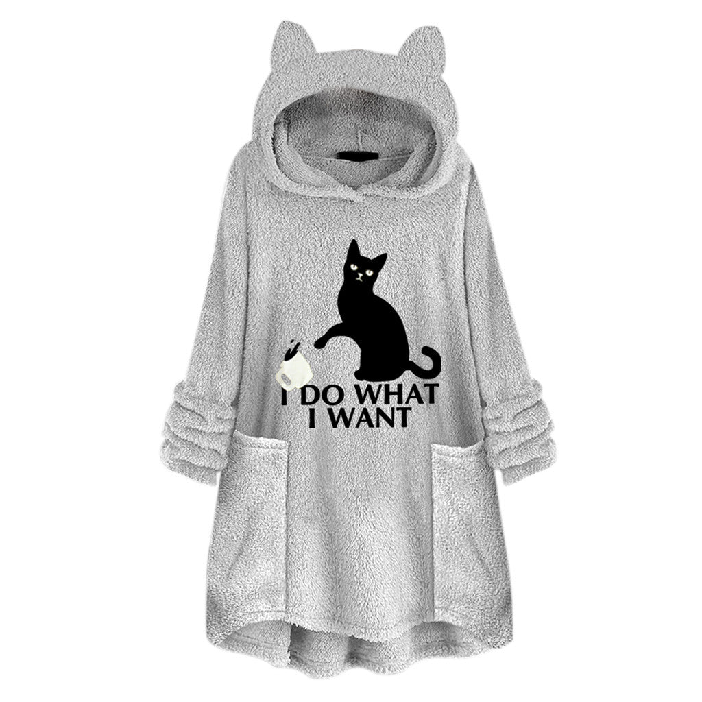 Long Sleeve Cat Print Hoodie with Irregular Hem