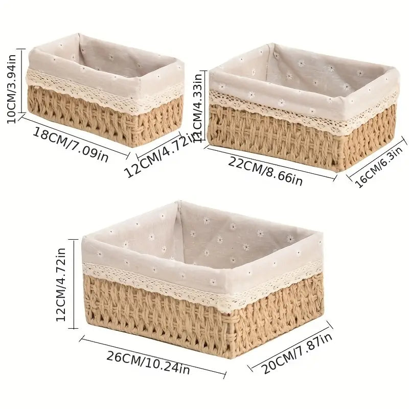 Woven Storage Baskets Set of 3 with Cloth Cover