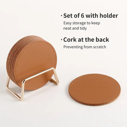 6 Leather Coasters with Metal Holder and Cork Base