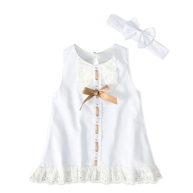 2pcs Set Baby Girl's Summer Dress with Bow Headband