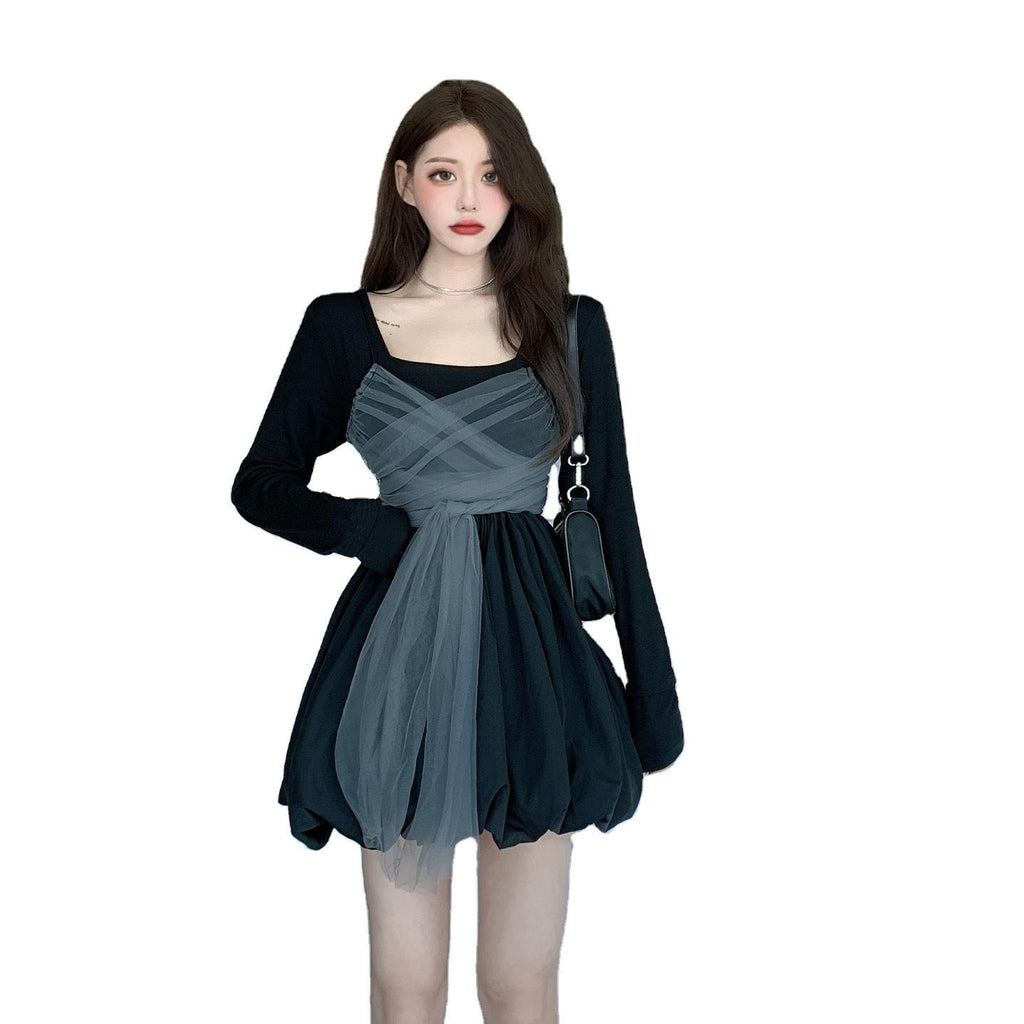 Princess Long Sleeve Dress - High Waist Black A-Line