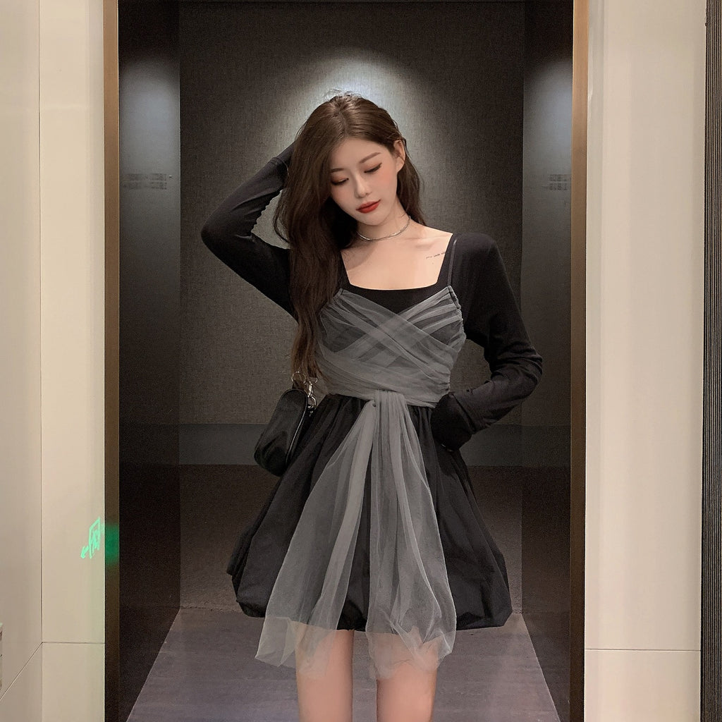 Princess Long Sleeve Dress - High Waist Black A-Line