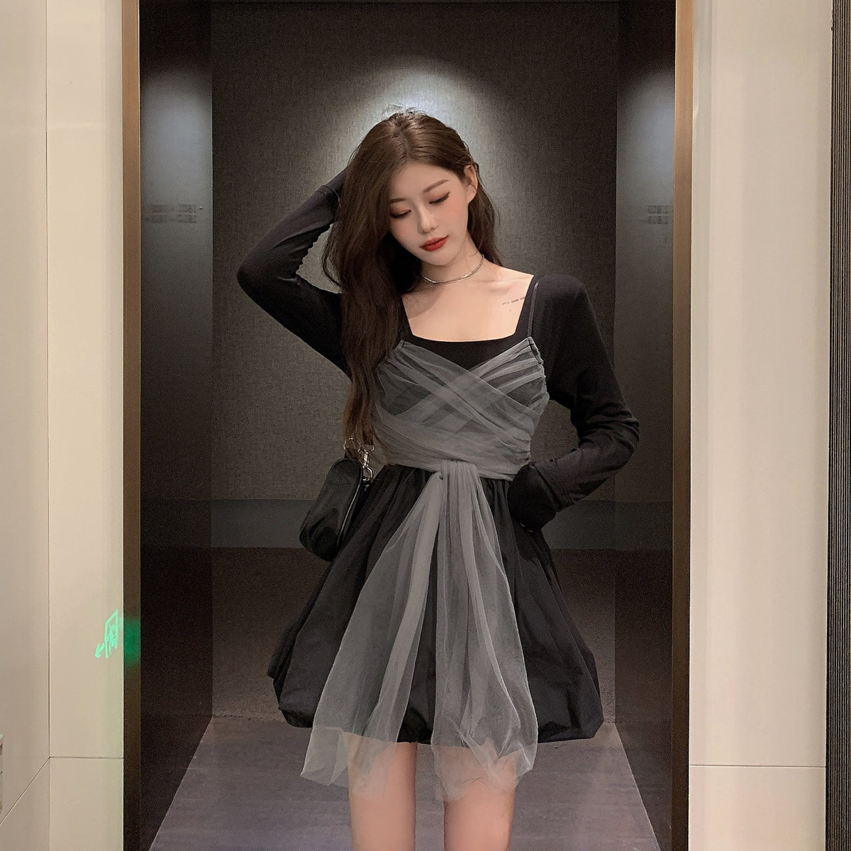 Princess Long Sleeve Dress - High Waist Black A-Line