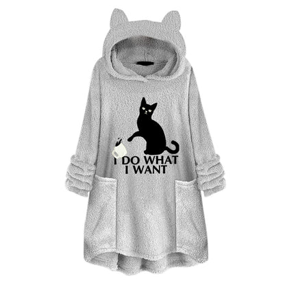 Long Sleeve Cat Print Hoodie with Irregular Hem