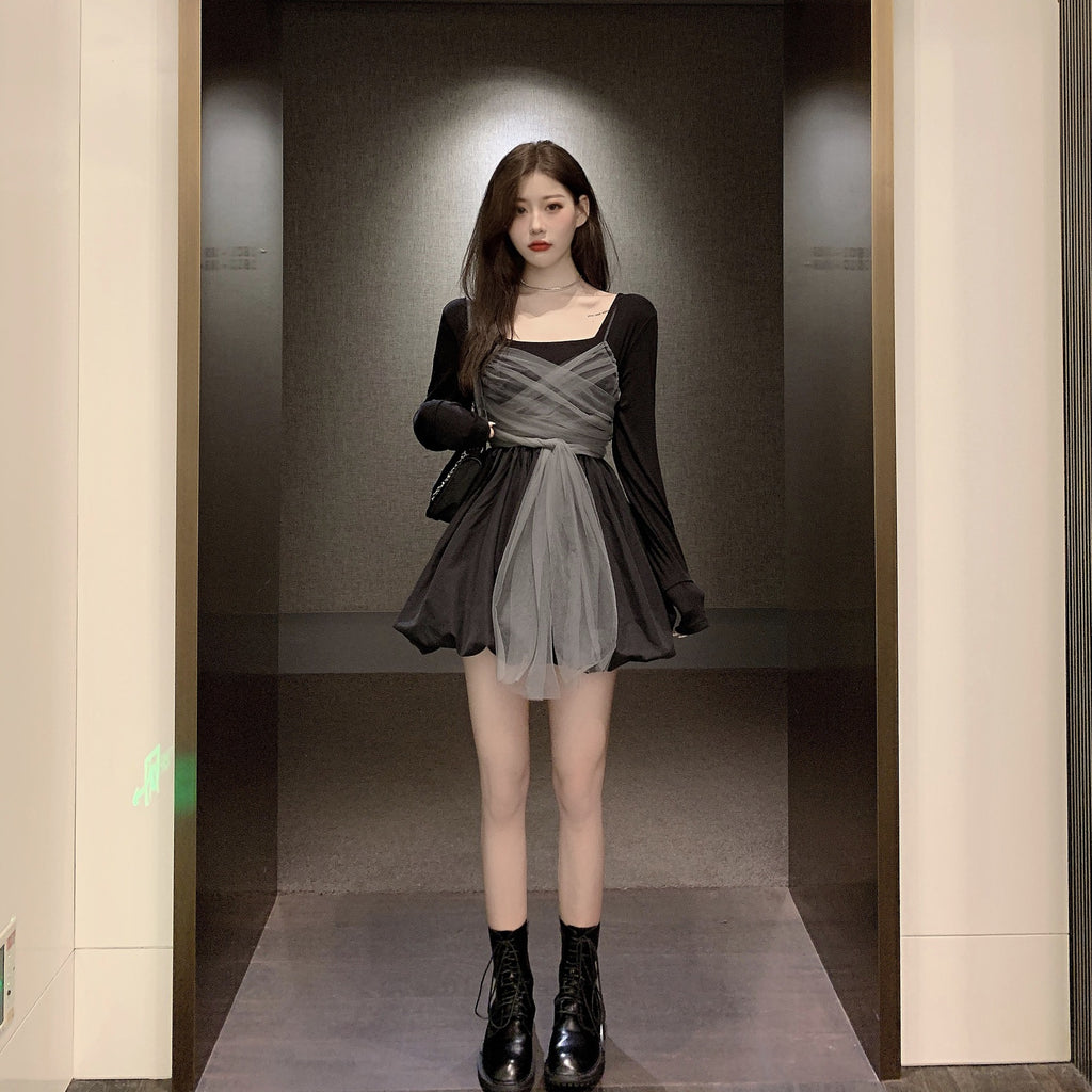 Princess Long Sleeve Dress - High Waist Black A-Line