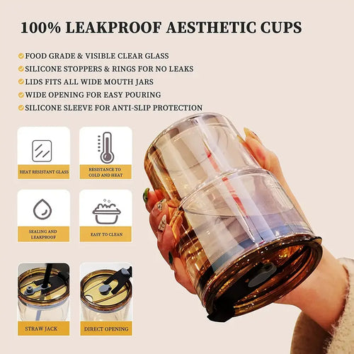 15oz Glass Water Bottle with Lid and Straw (1pc)