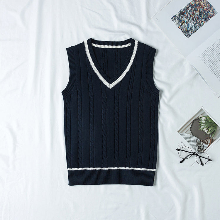 Autumn British Style V-neck Twist Vest Sweater for Women