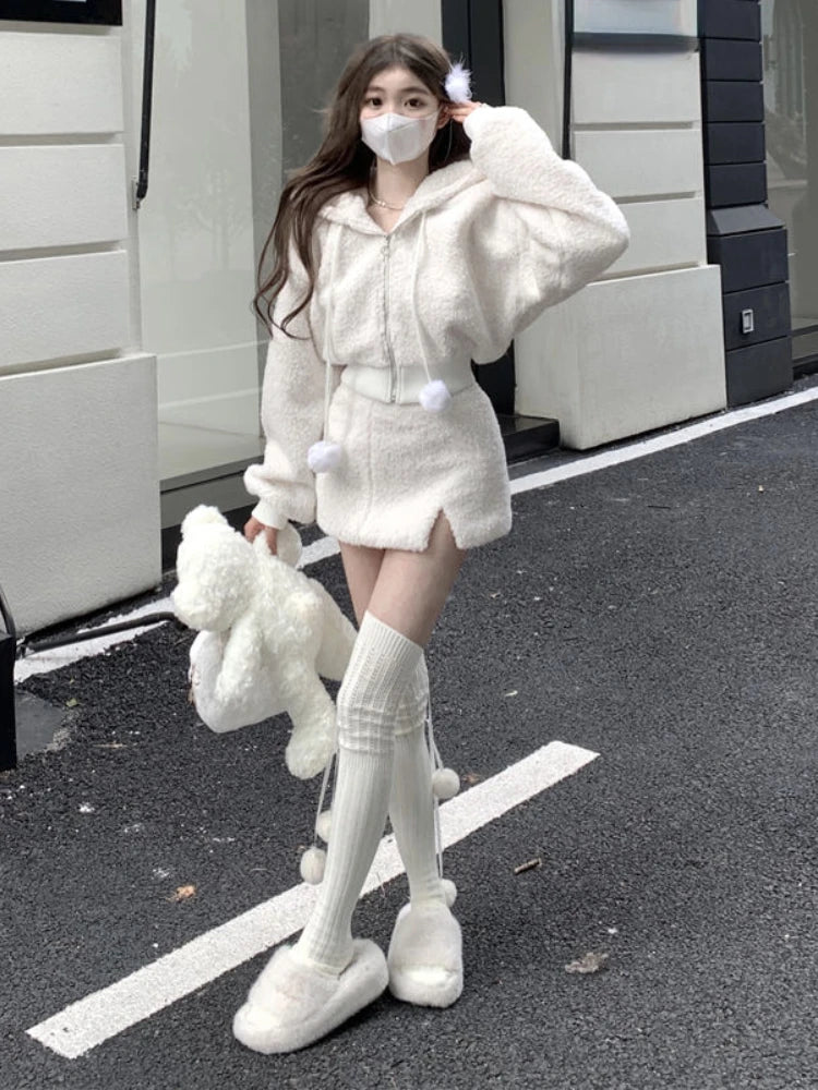 Hooded Long Sleeve Top and High-Waisted Skirt Set