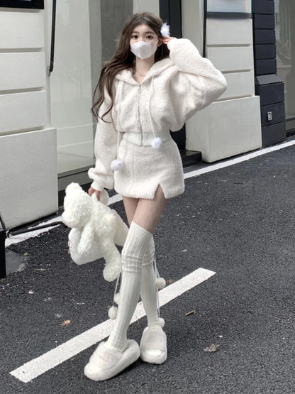 Hooded Long Sleeve Top and High-Waisted Skirt Set