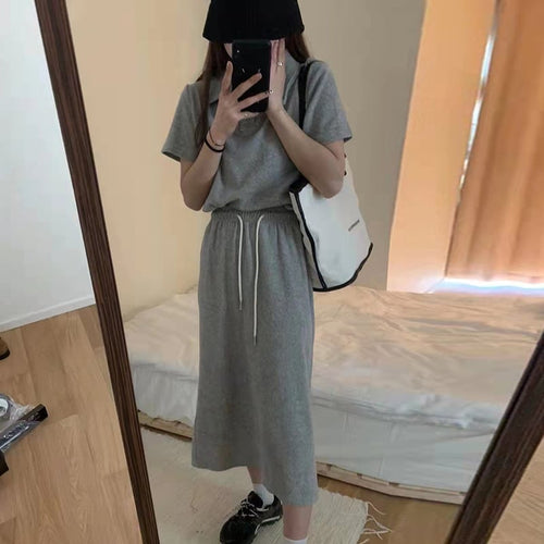 Casual Sports Short Sleeve Skirt Set with Elastic Waist
