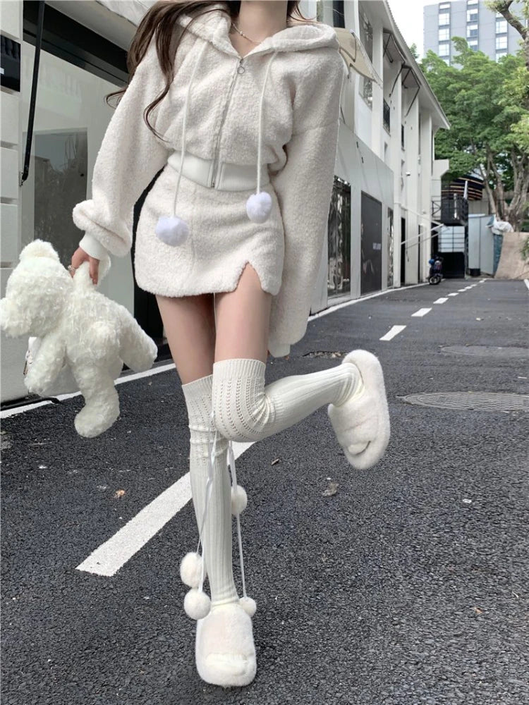 Hooded Long Sleeve Top and High-Waisted Skirt Set