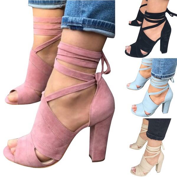 Suede Peep-Toe Sandals with High Chunky Heels