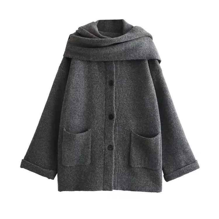 Women Knitted Cardigan With Scarf