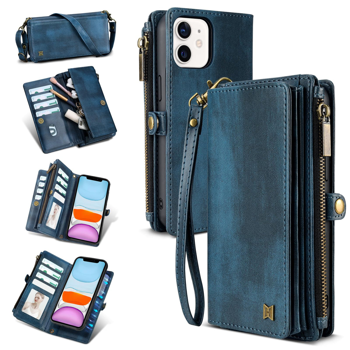 for iPhone 13 Wallet Case(Holds Lipstick, Headphones, etc.),2-in-1 Multi-Functional Portable Magnetic Faux Leather Phone Case with RFID Blocking,Shoulder Strap and Wrist Strap(Blue)