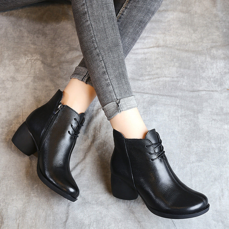 New Retro Leather High Heel Comfortable Women Boots