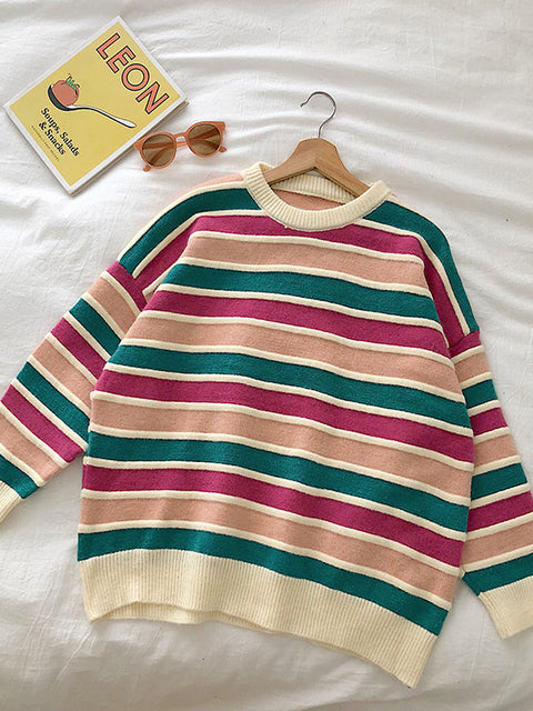 Korean Knit Striped Loose Women's Splice Sweater