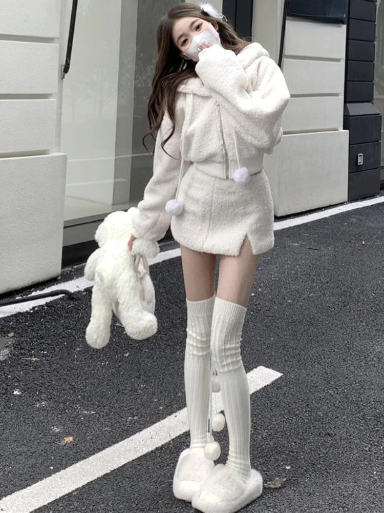 Hooded Long Sleeve Top and High-Waisted Skirt Set