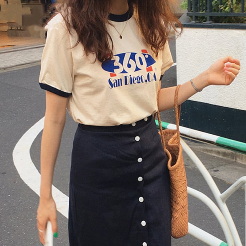 Women's Color Contrast T-Shirt and Loose Skirt Set