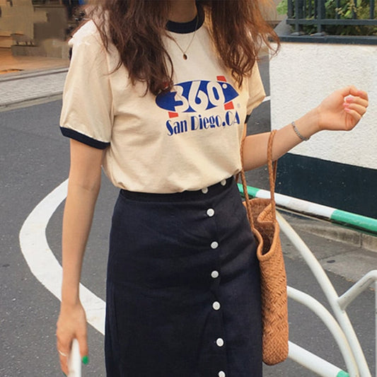 Women's Color Contrast T-Shirt and Loose Skirt Set