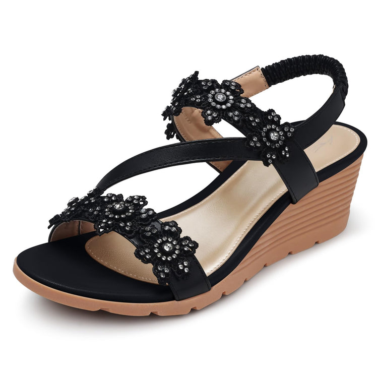 SHIBEVER Wedge Sandals for Women Dressy Summer Black Open Toe Low Platform Wedges Sandals Flower Comfortable Casual Shoes Size 9