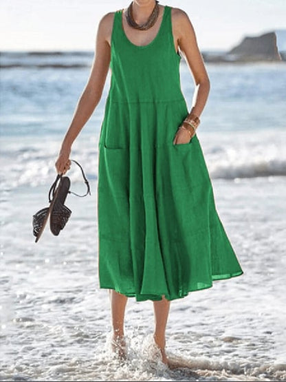 Sleeveless Long U-neck Pocket Dress in Cotton Linen